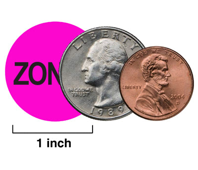 Size Comparison between a US Quarter, Penny and a 1 inch Zone 4 Dot 