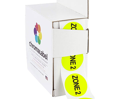 An easy dispense box containing stickers with Zone 2 printed on them