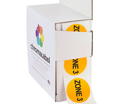 An easy dispense box containing stickers with Zone 3 printed on them