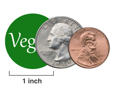 Size Comparison between a US Quarter, Penny and a 1 inch VeganDot 
