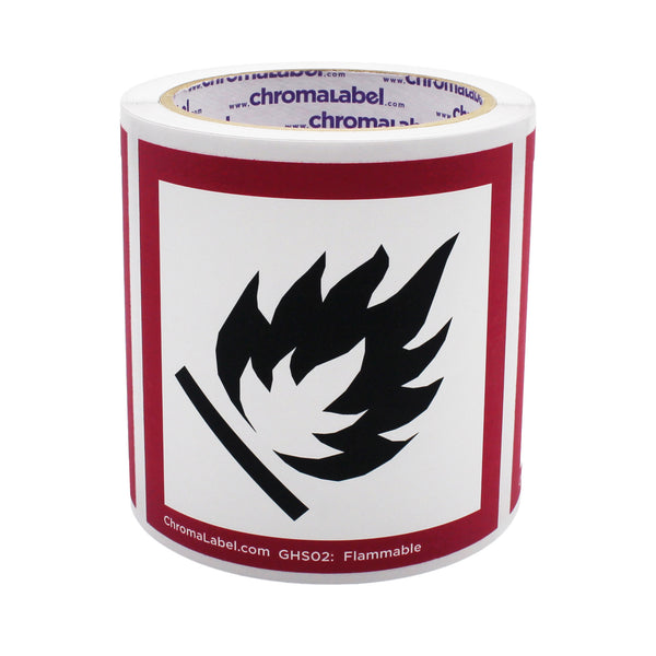 4" x 4" Permanent Durable Square D.O.T. Hazard Labels, GHS02: Flammable Pictogram Label, 100/Roll