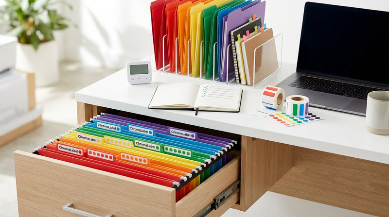 color coded file folders in office filing cabinet