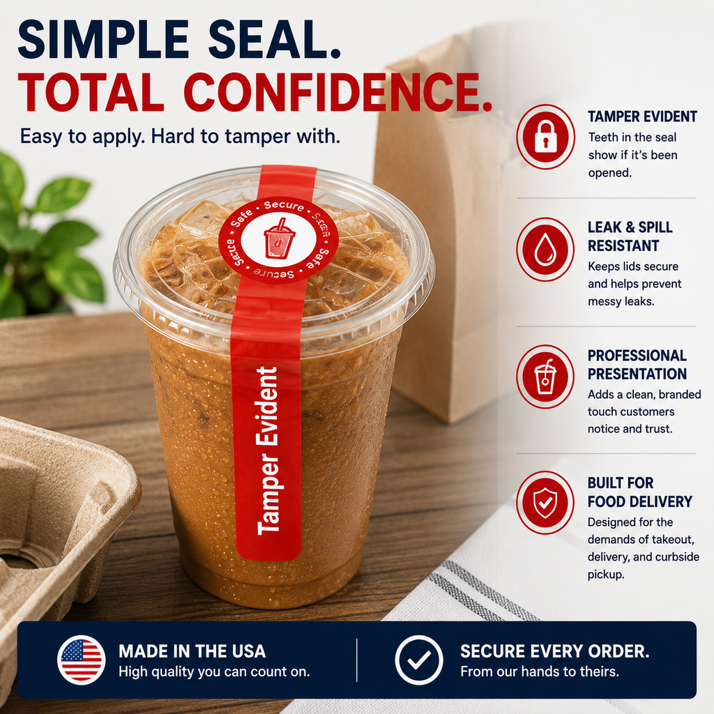 Tamper Evident Drink Lid Labels for Delivery & Takeout Cups, 500/Roll