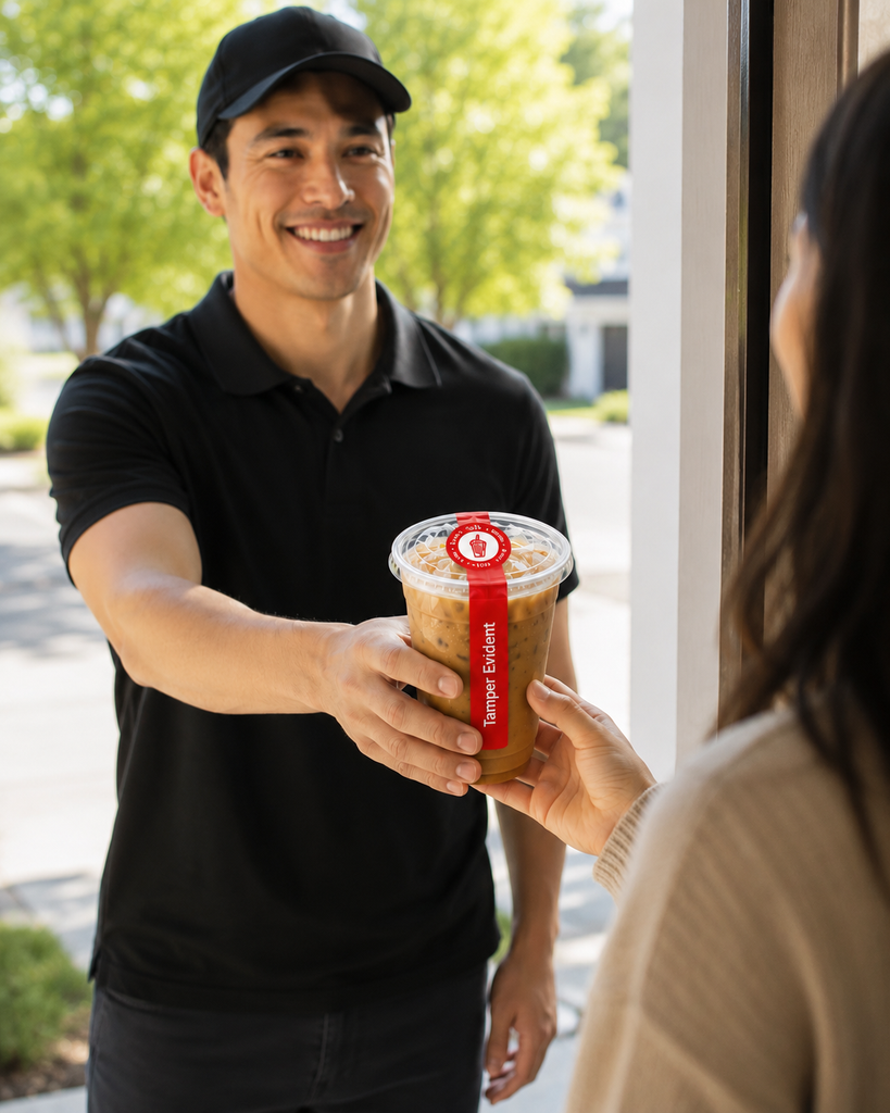 Tamper Evident Drink Lid Labels for Delivery & Takeout Cups, 500/Roll
