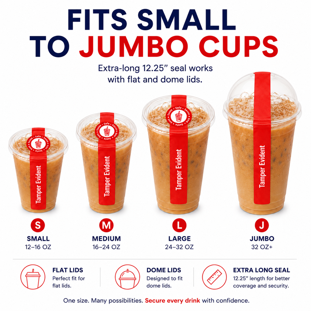 Tamper Evident Drink Lid Labels for Delivery & Takeout Cups, 500/Roll