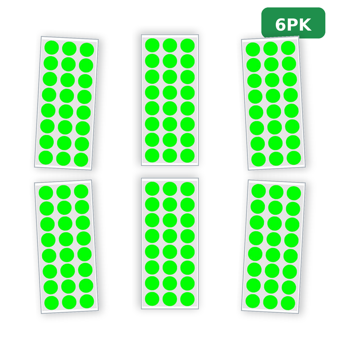 Six separate fluorescent green automated wound measurement calibration dot sheets, each 3 columns by 8 rows, 6PK