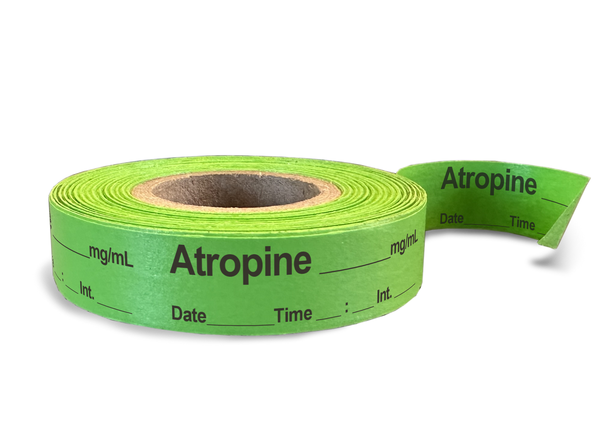 Atropine Labeling Tape for Anesthesia: mg/mL Date Time Initial - 1/2" x 500"