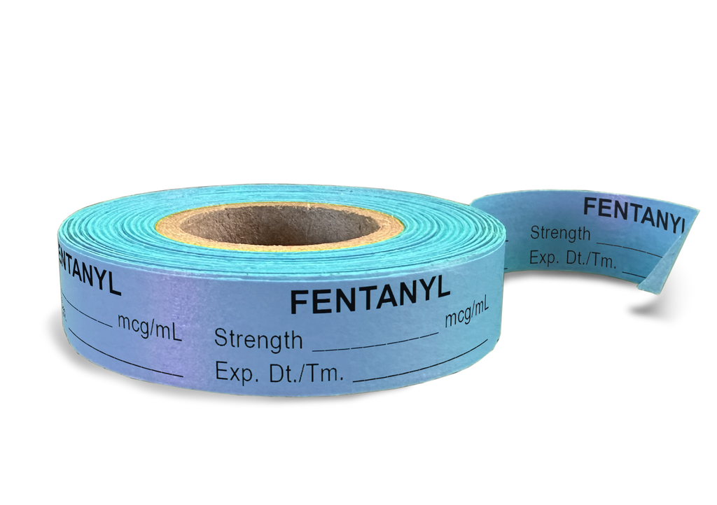 Fentanyl Labeling Tape for Anesthesia: mcg/mL Exp Date Time - Blue - 1/2