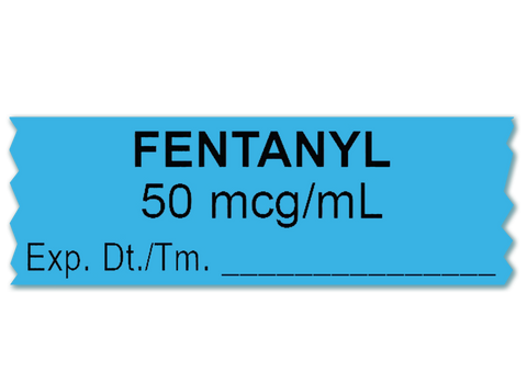 Fentanyl Labeling Tape for Anesthesia: 50 mcg/mL Exp Date Time - Blue - 1/2