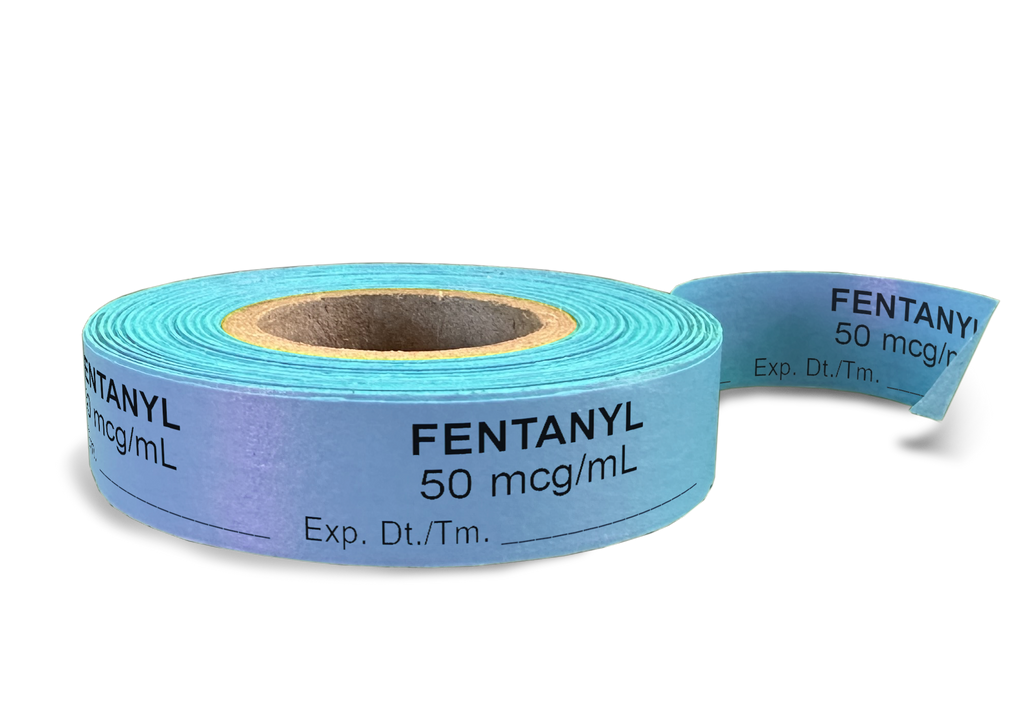 Fentanyl Labeling Tape for Anesthesia: 50 mcg/mL Exp Date Time - Blue - 1/2