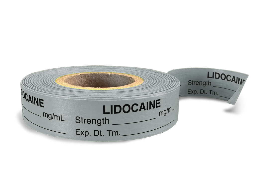 Lidocaine Labeling Tape for Anesthesia: mg/mL Exp. Dt. Tm. - Gray - 1/2