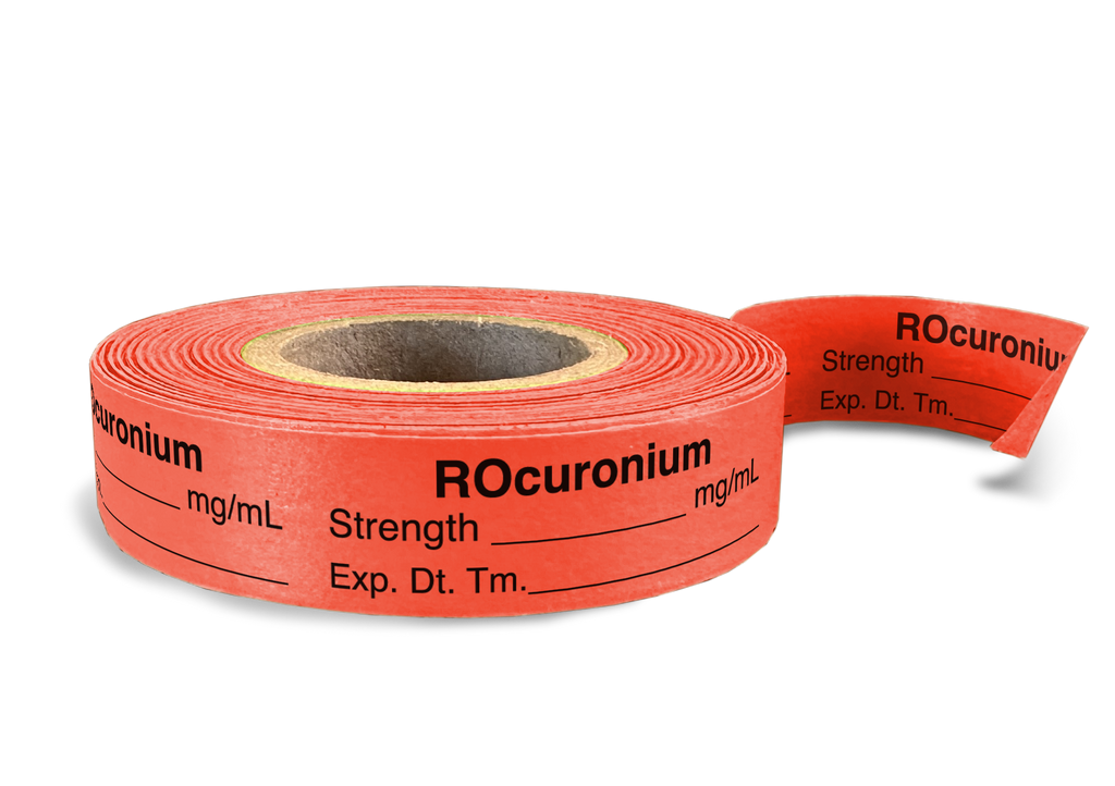 ROcuronium Labeling Tape for Anesthesia: mg/mL Exp. Dt. Tm. - Fl. Red - 1/2