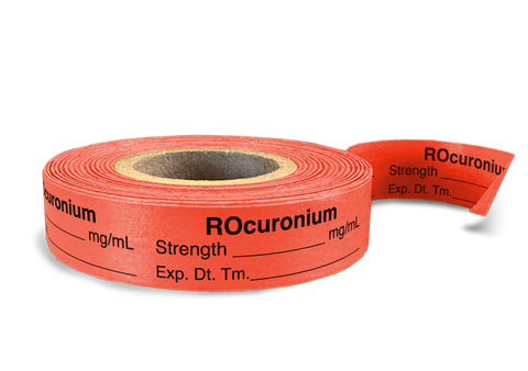 ROcuronium Labeling Tape for Anesthesia: mg/mL Exp. Dt. Tm. - Fl. Red - 1/2