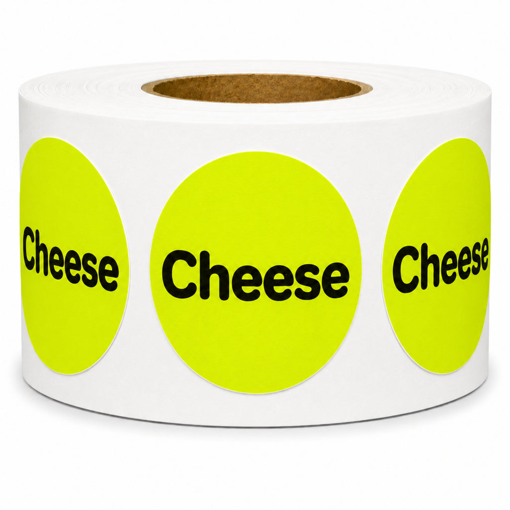 A roll of round white labels with bright yellow-green circular stickers printed with the word 'Cheese' in black, shown on a white background.