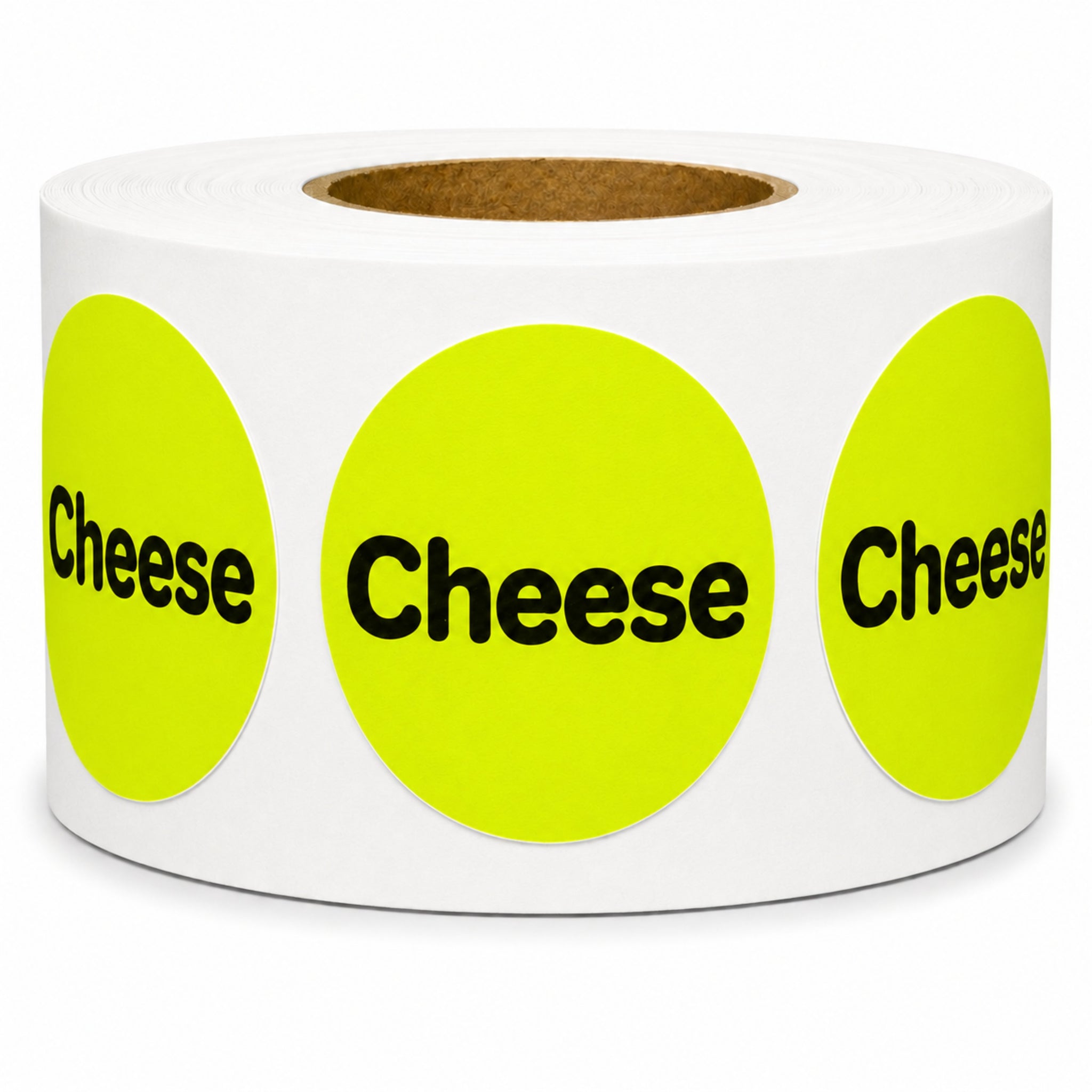 A roll of round white labels with bright yellow-green circular stickers printed with the word 'Cheese' in black, shown on a white background.