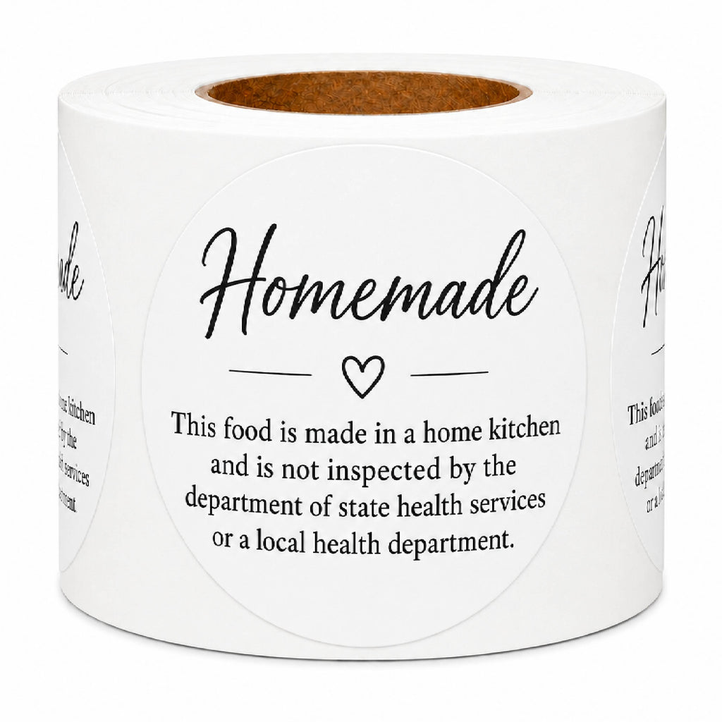 A roll of white labels with black text reading 'Homemade' and a smaller disclaimer about homemade food not being inspected by health departments, shown on a white background.
