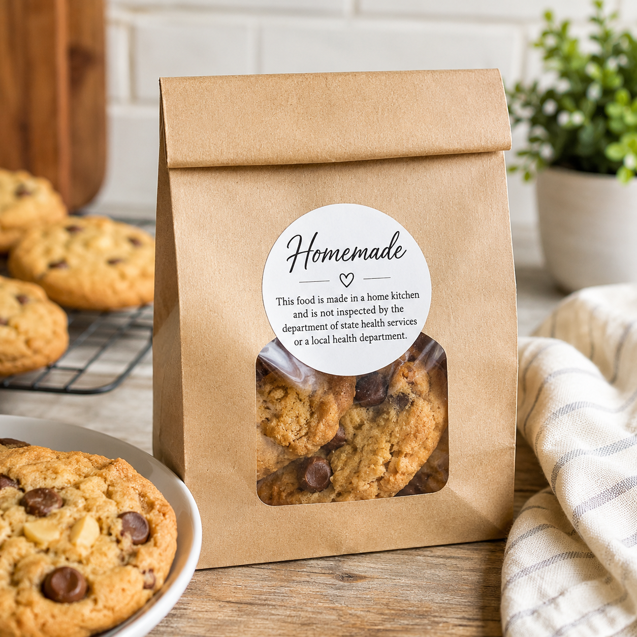 A kraft paper bag of homemade chocolate chip cookies with a clear window showing the cookies inside, set on a wooden table with more cookies and a kitchen background.