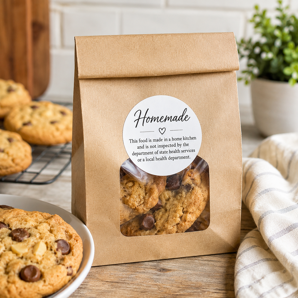 A kraft paper bag of homemade chocolate chip cookies with a clear window showing the cookies inside, set on a wooden table with more cookies and a kitchen background.