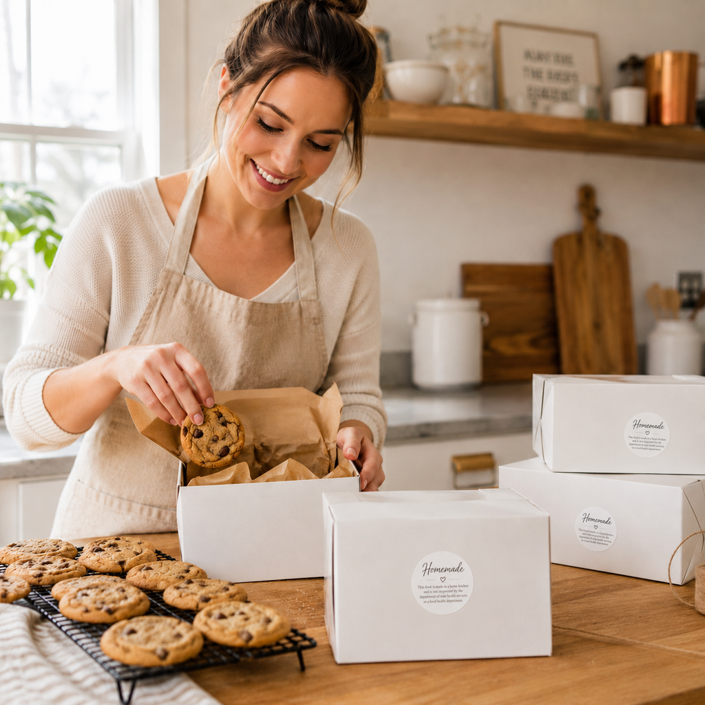 A woman in a cream sweater and apron smiles while placing a chocolate chip cookie into a white bakery box on a wooden kitchen counter. More cookies sit on a wire rack, with additional white boxes and a branded front label visible in a bright, warm kitchen setting.