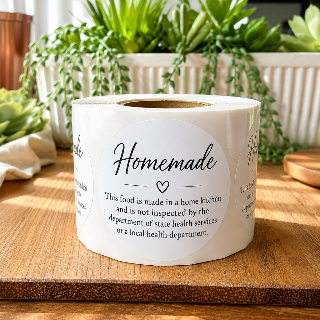 A roll of round white labels with black text reading 'Homemade' and a smaller disclaimer about being made in a home kitchen, photographed on a wooden surface with potted plants in the background.