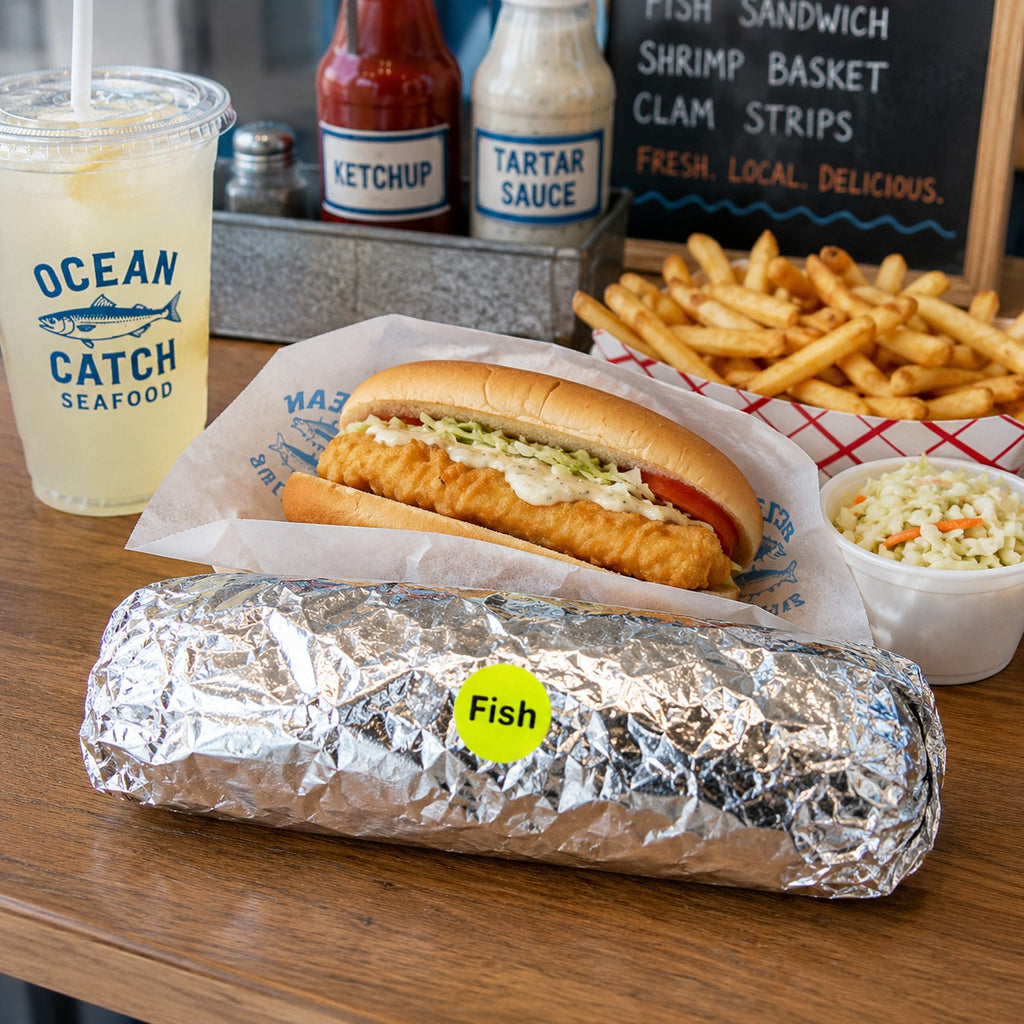 A seafood meal set on a wooden table at Ocean Catch Seafood, featuring a foil-wrapped sub, a fish sandwich on paper, french fries, coleslaw, and a branded iced drink. A chalkboard menu in the background lists other items.