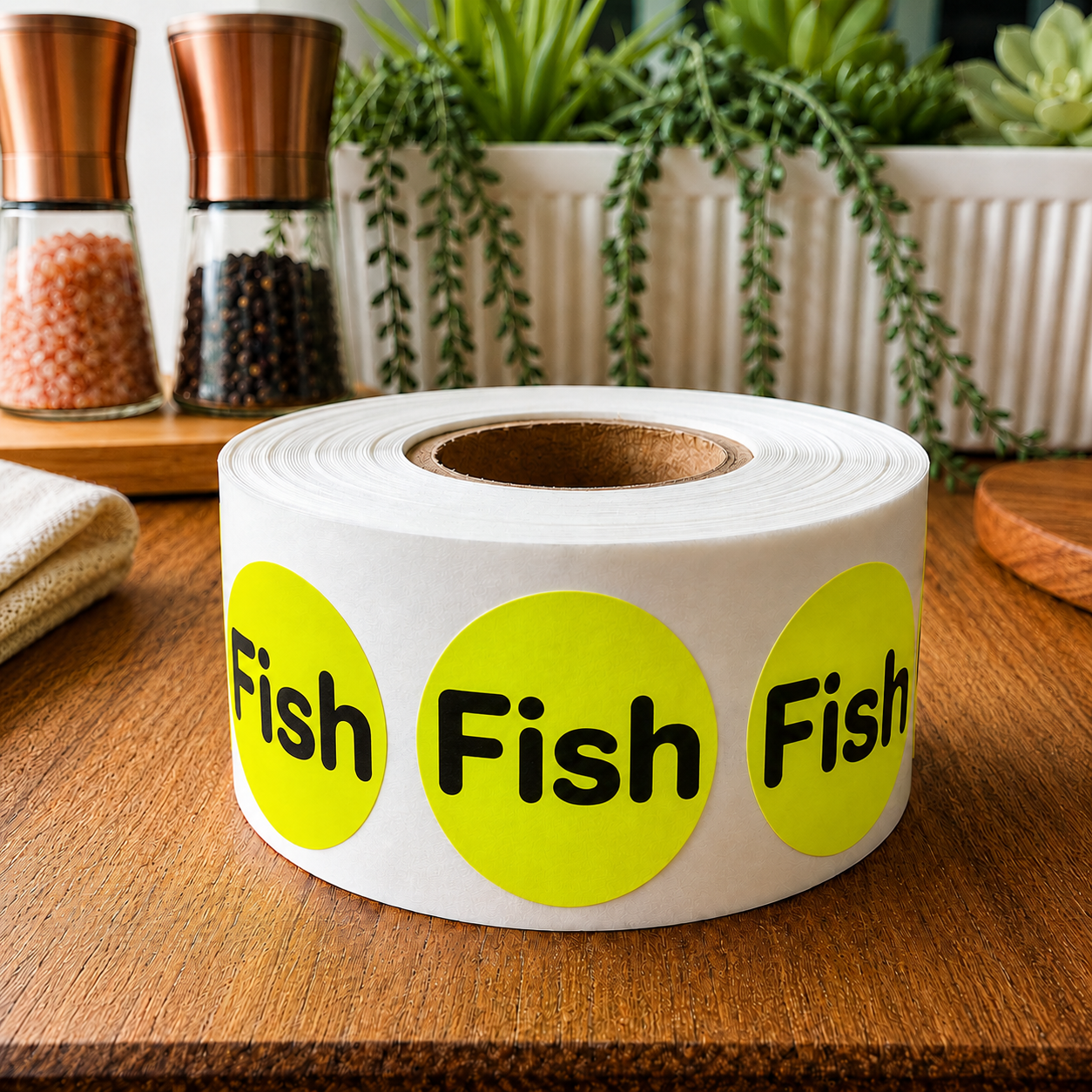 A roll of circular yellow labels with the word 'Fish' printed in black, shown on a wooden tabletop with kitchen plants and spice jars in the background.