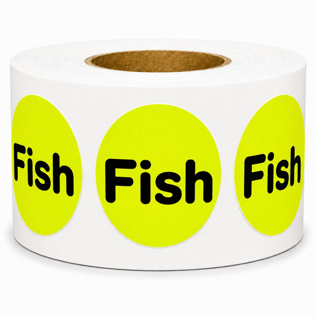 A roll of circular bright yellow labels with the word 'Fish' printed in bold black text, shown on a clean white background.