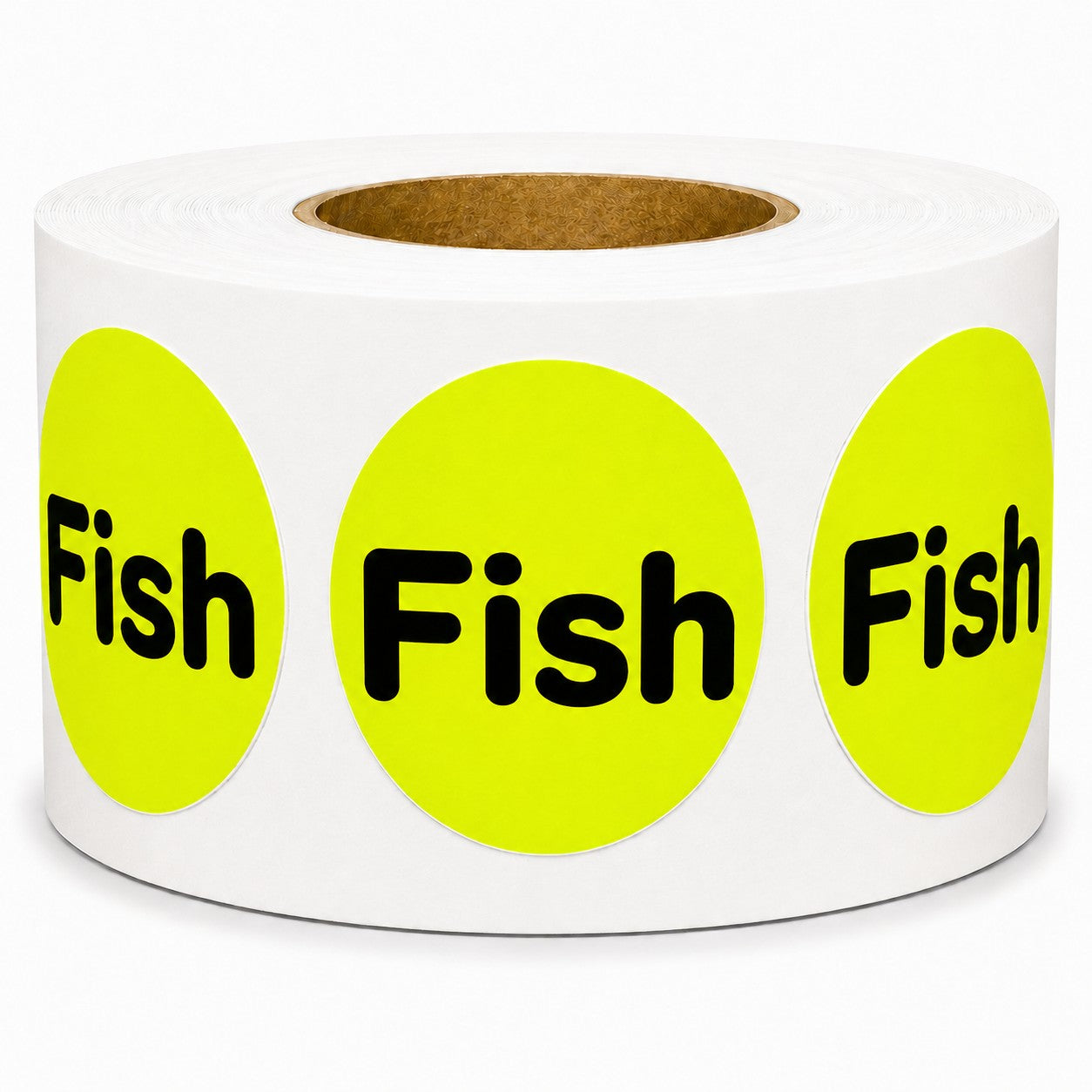 A roll of circular bright yellow labels with the word 'Fish' printed in bold black text, shown on a clean white background.