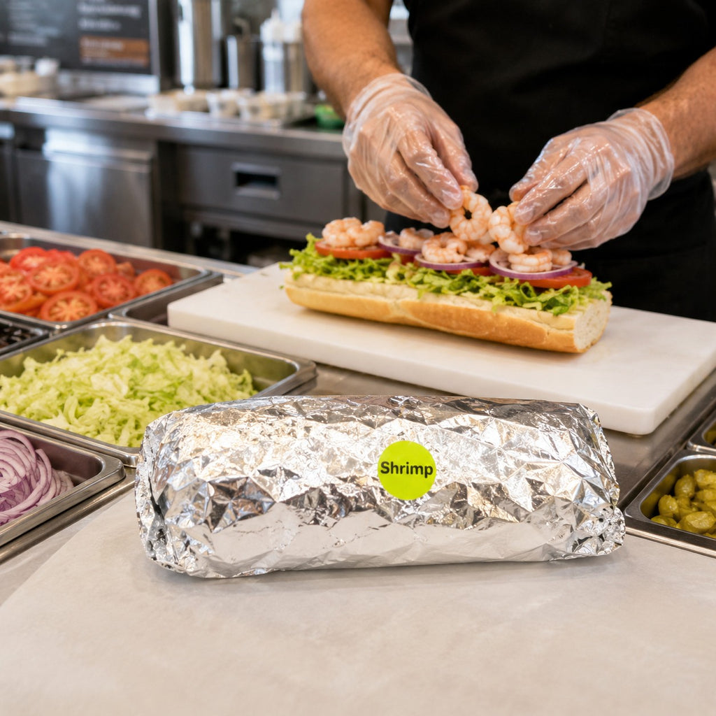 A shrimp sub sandwich wrapped in foil with a yellow 'Shrimp' sticker sits on a counter in a kitchen, while a chef in gloves prepares a shrimp sandwich in the background.