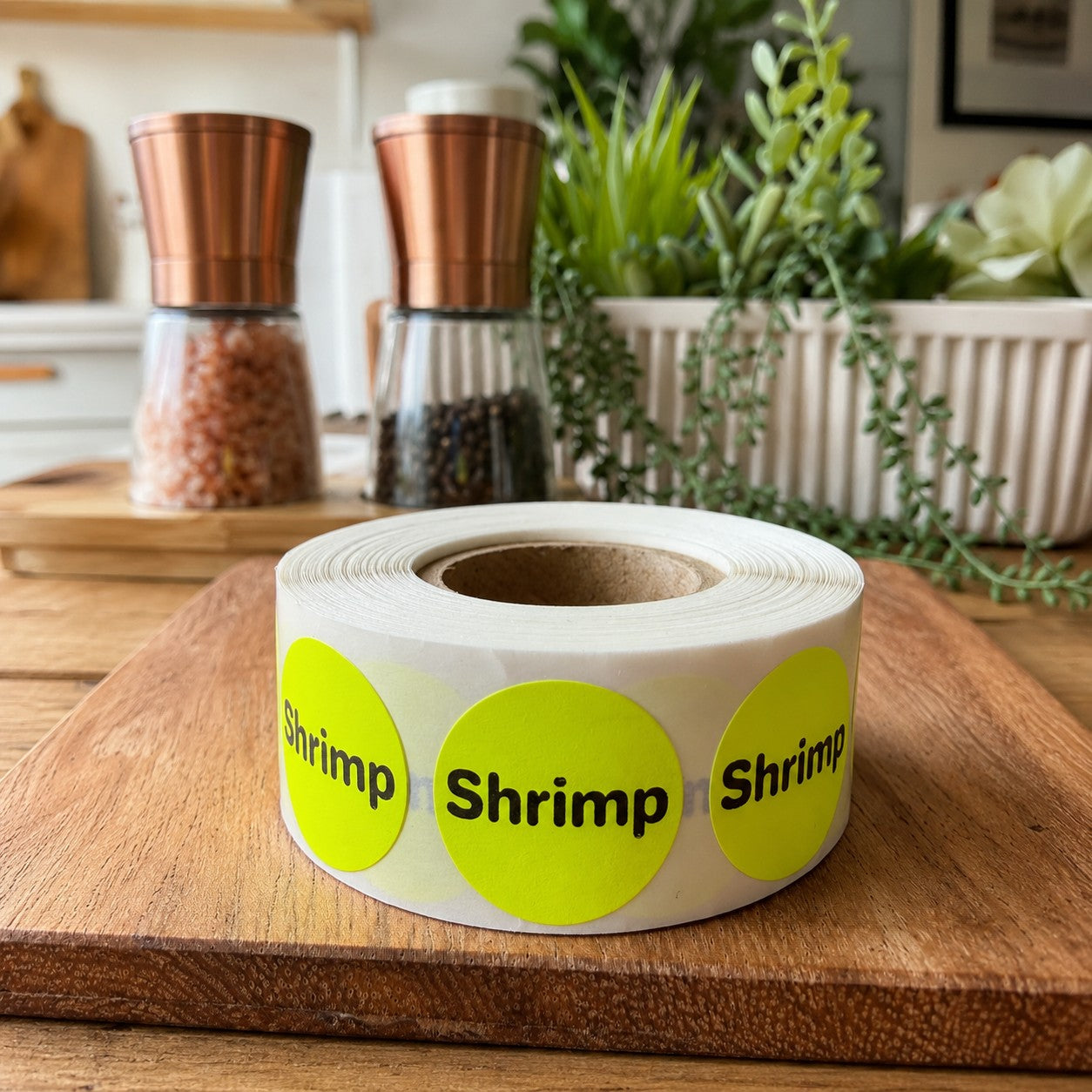 A roll of round white labels with bright yellow-green centers printed with the word 'Shrimp' in black, displayed on a wooden cutting board with kitchen items blurred in the background.