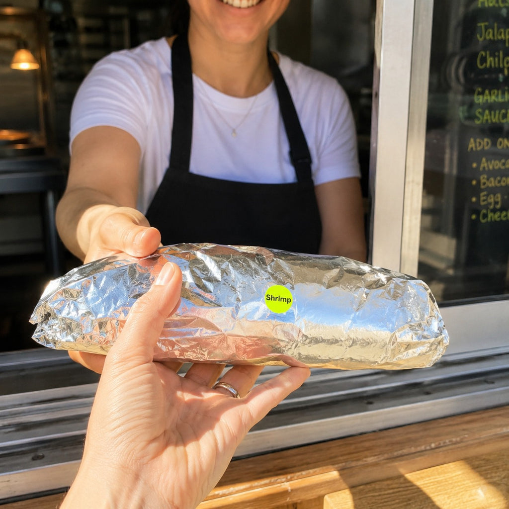 A person in a white t-shirt and black apron hands over a foil-wrapped food item with a small green 'Serving' sticker, at a food stall window.