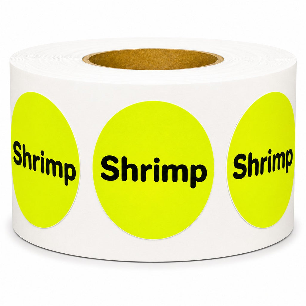 A roll of circular labels on a white background, featuring three visible labels with bright neon yellow circles and the word 'Shrimp' printed in black.