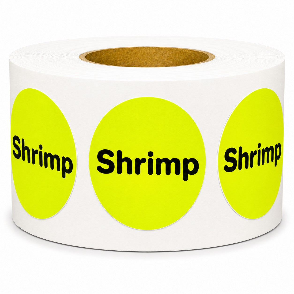 A roll of circular labels on a white background, featuring three visible labels with bright neon yellow circles and the word 'Shrimp' printed in black.