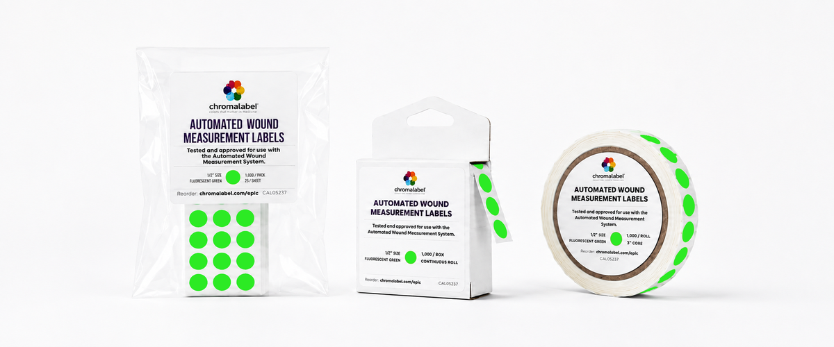 Automated Wound Measurement calibration dots in a sheet pack, a dispenser box, and a roll