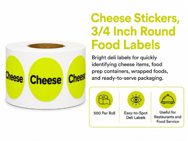 A roll of bright yellow cheese stickers with black text, shown on a white background with descriptive text and feature icons for 3/4 inch round food labels.