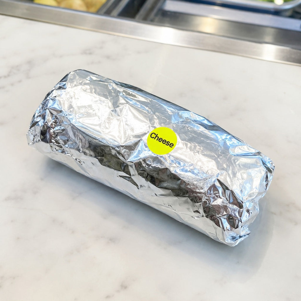 A food item wrapped in shiny aluminum foil, with a small round yellow sticker reading 