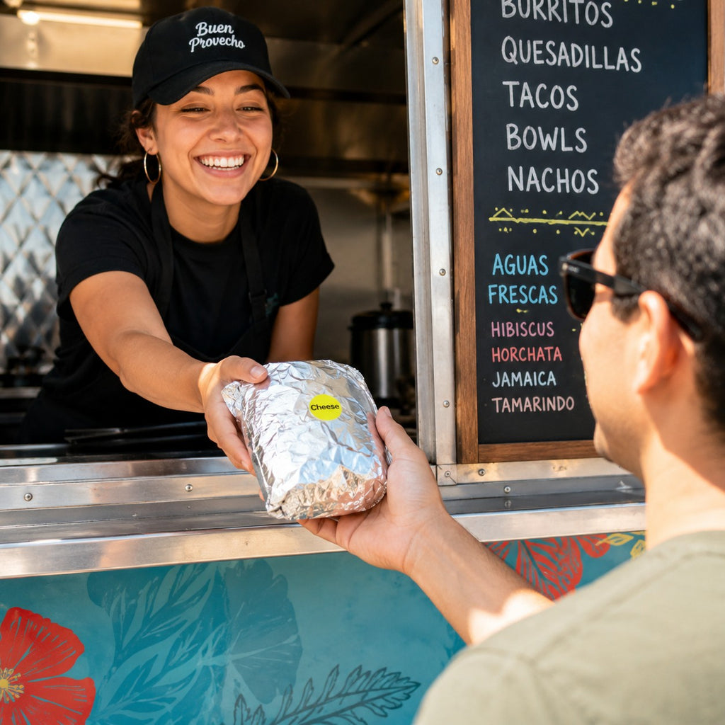 A smiling food server in a black cap and black shirt hands a foil-wrapped burrito to a customer at a food truck. The food truck has a colorful tropical design on the front and a chalkboard menu listing items like burritos, quesadillas, tacos, bowls, nachos, aguas frescas, hibiscus, horchata, Jamaica, and tamarindo.