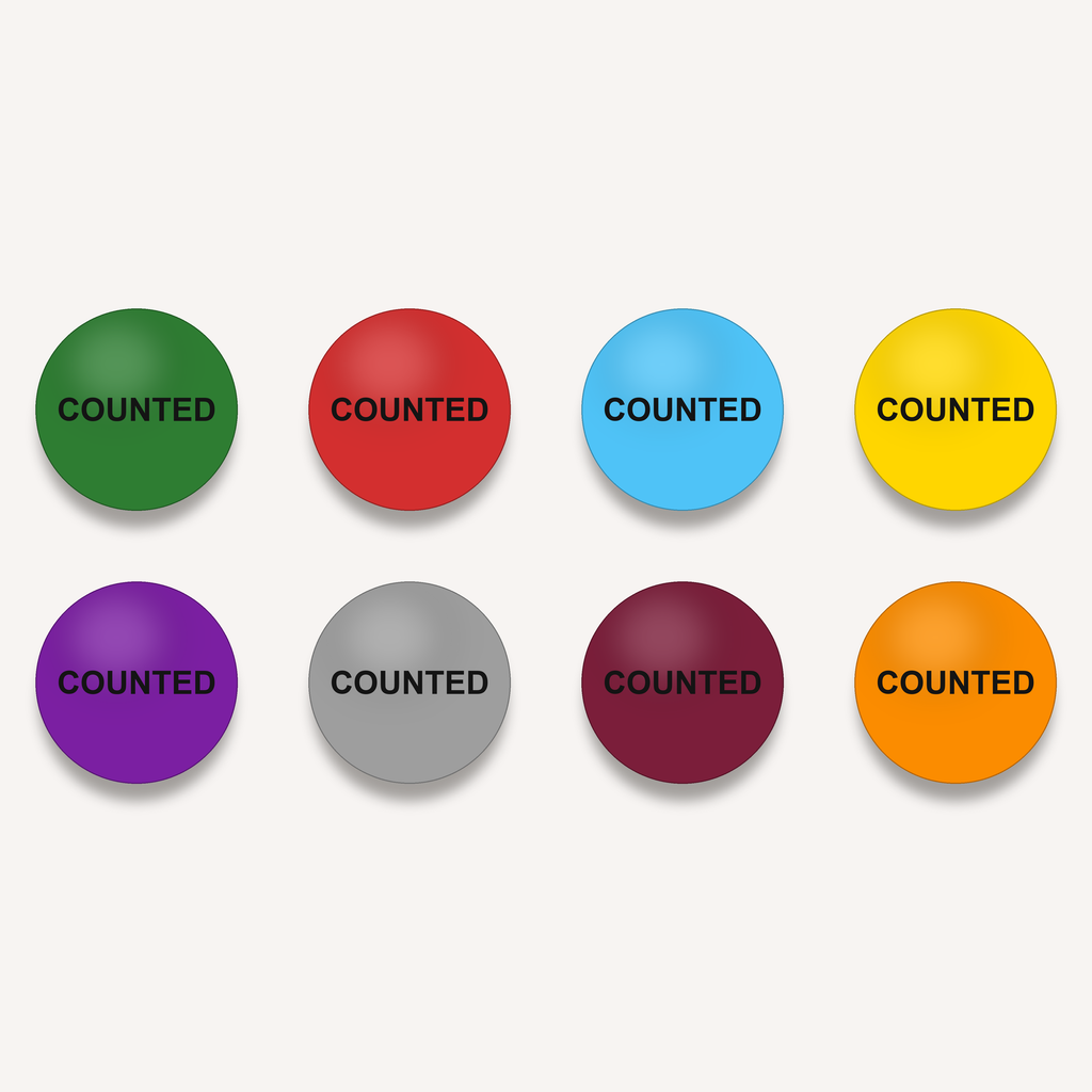 COUNTED inventory count circle labels, 2 inch, all 8 colors
