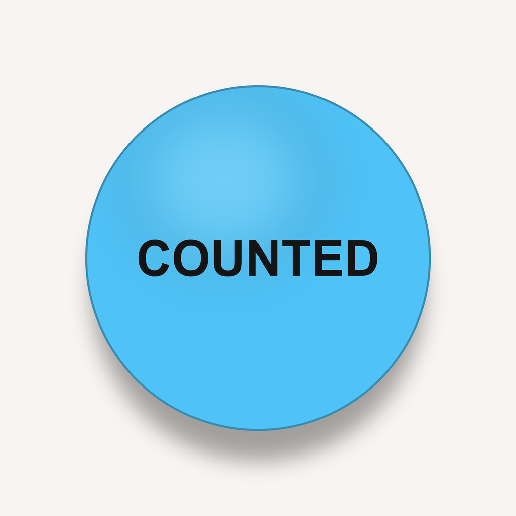 COUNTED inventory count circle label, 2 inch, Light Blue, 500 per roll