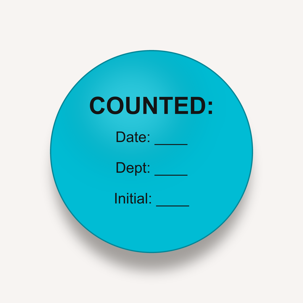 COUNTED inventory count dot label, 3 inch, Aqua, Date / Dept / Initial imprint, 500 per roll
