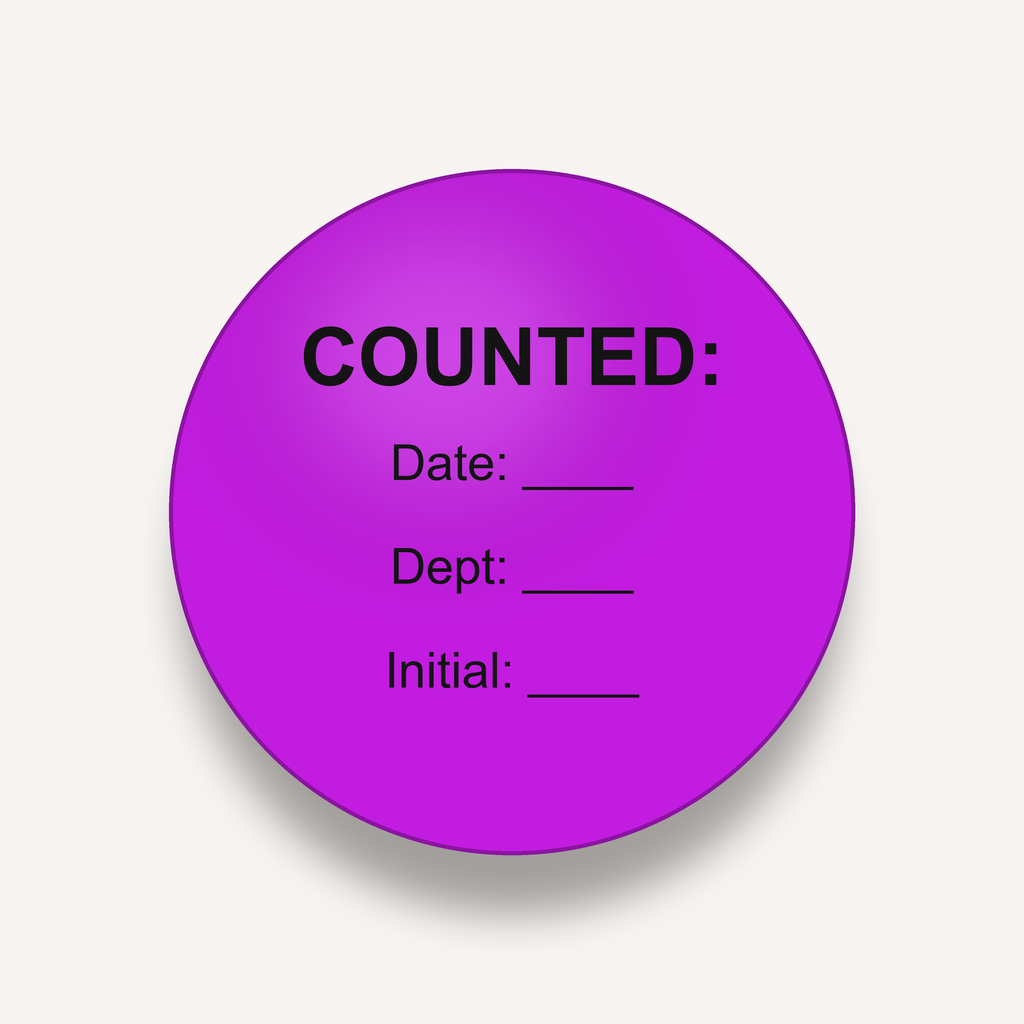 COUNTED inventory count dot label, 3 inch, Flo Purple, Date / Dept / Initial imprint, 500 per roll