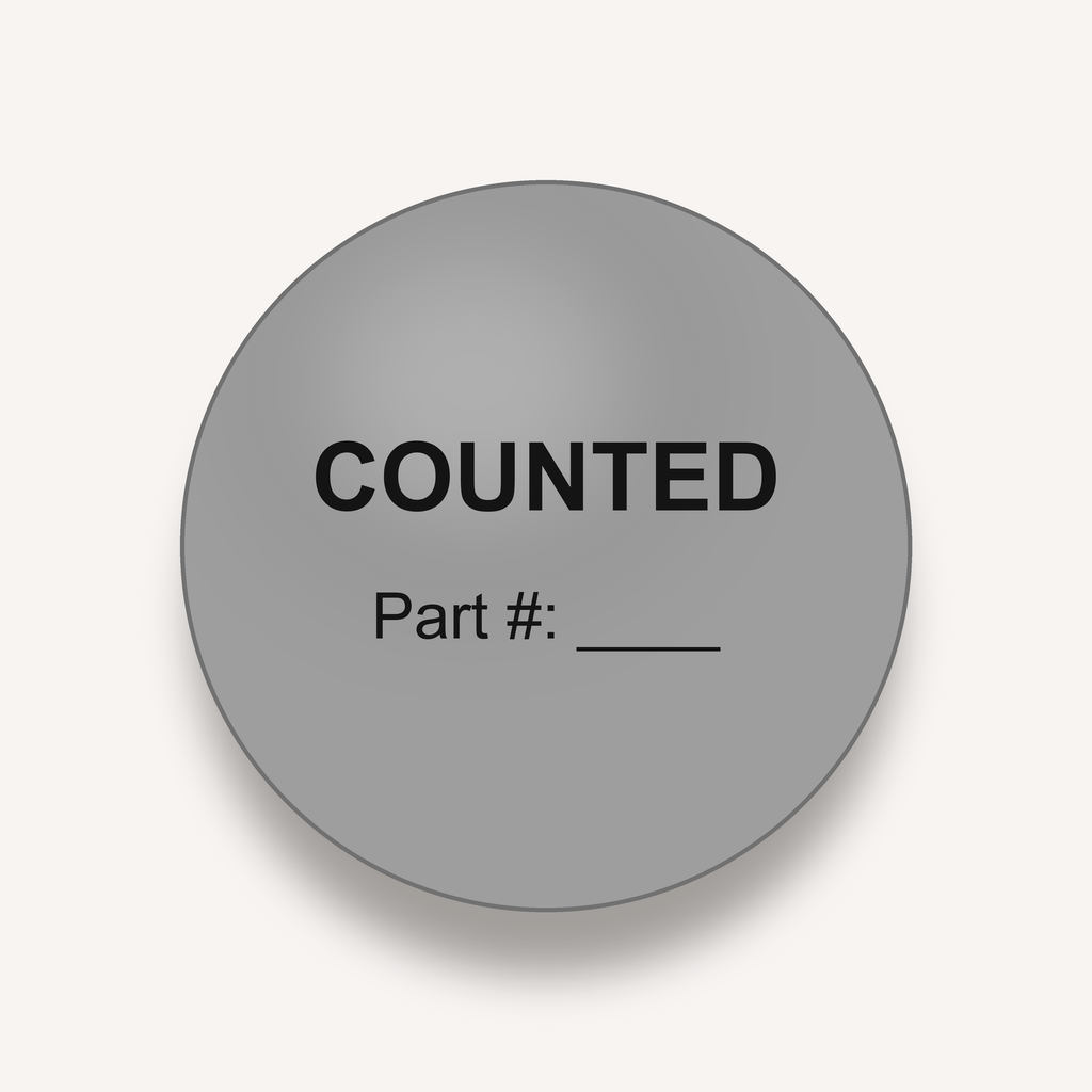 COUNTED inventory count dot label, 3 inch, Gray, Part # imprint, 500 per roll