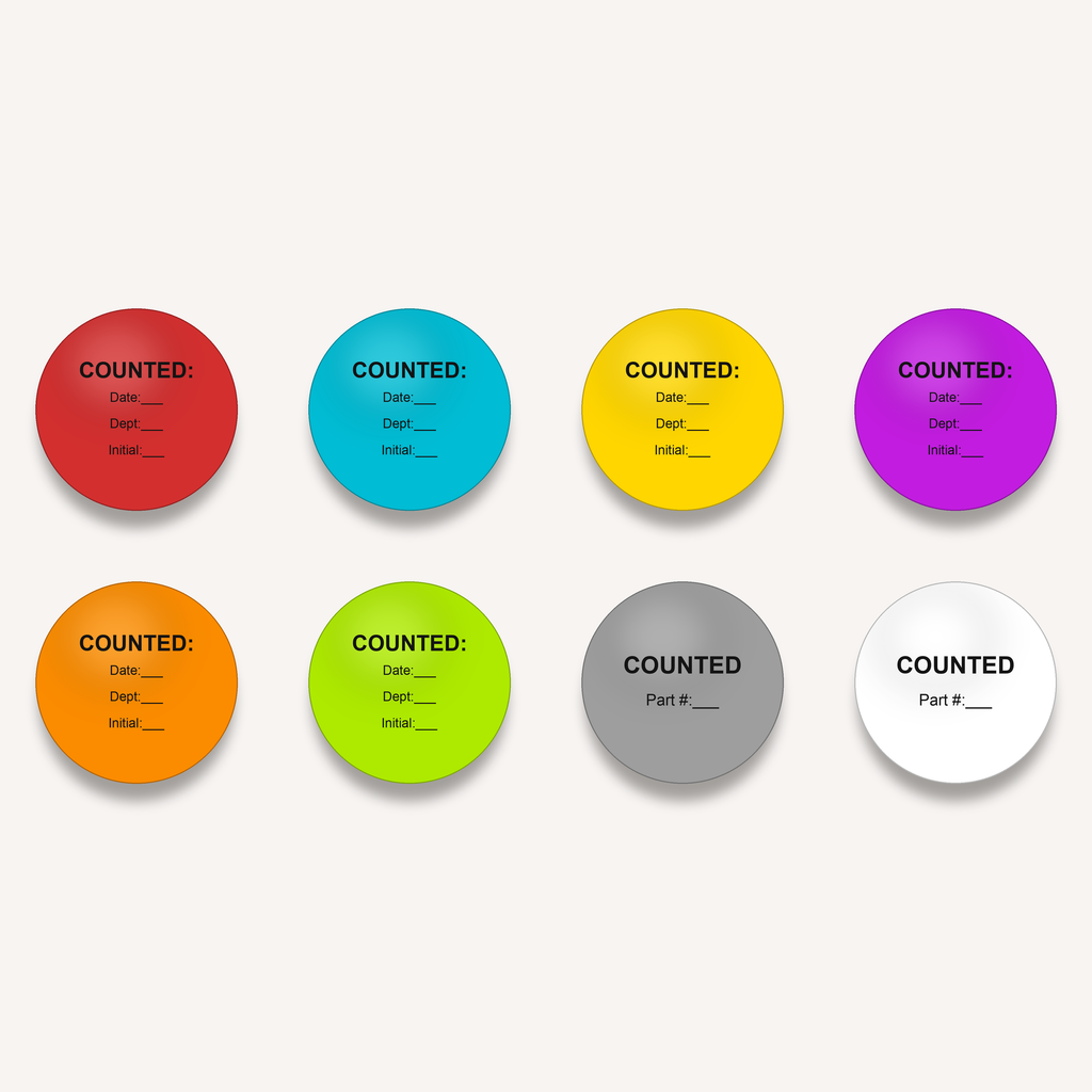 COUNTED inventory count dot labels, 3 inch, all 8 color and imprint combinations