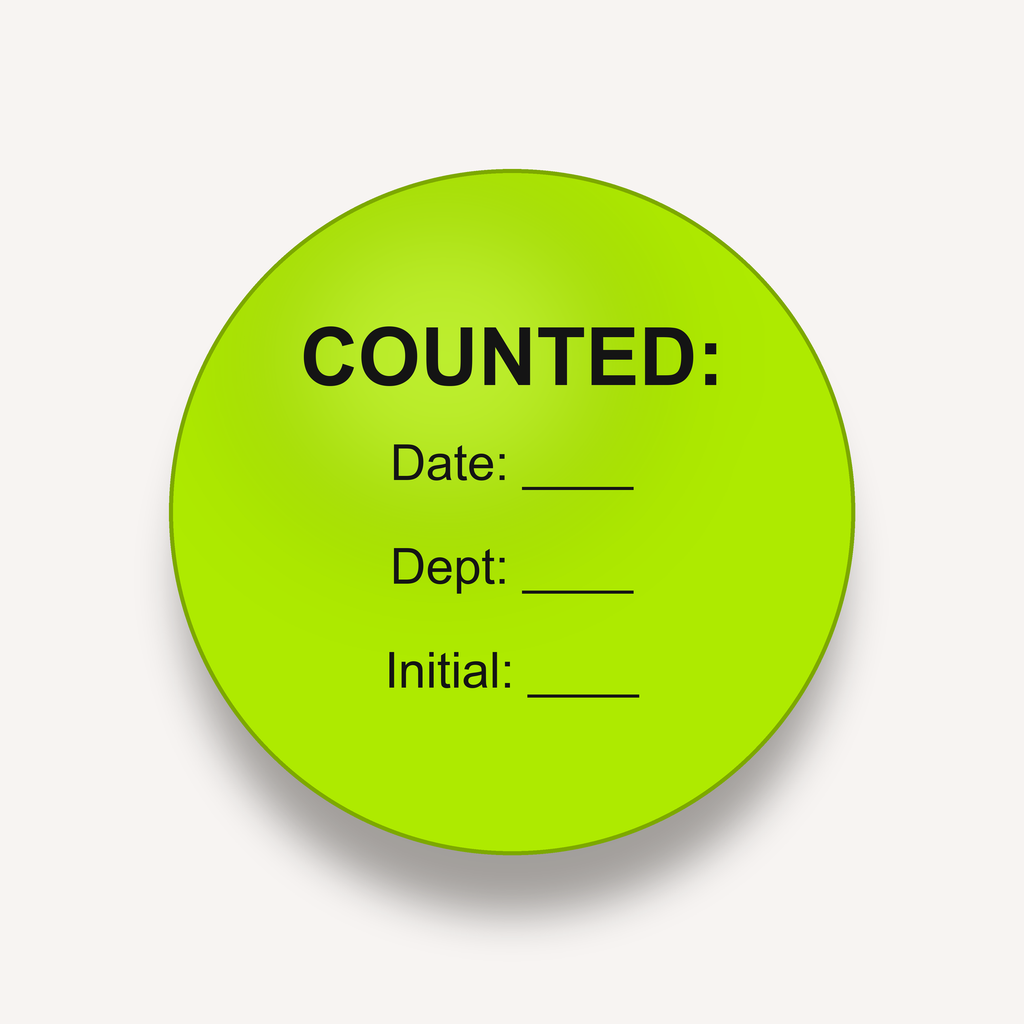 COUNTED inventory count dot label, 3 inch, Lime, Date / Dept / Initial imprint, 500 per roll
