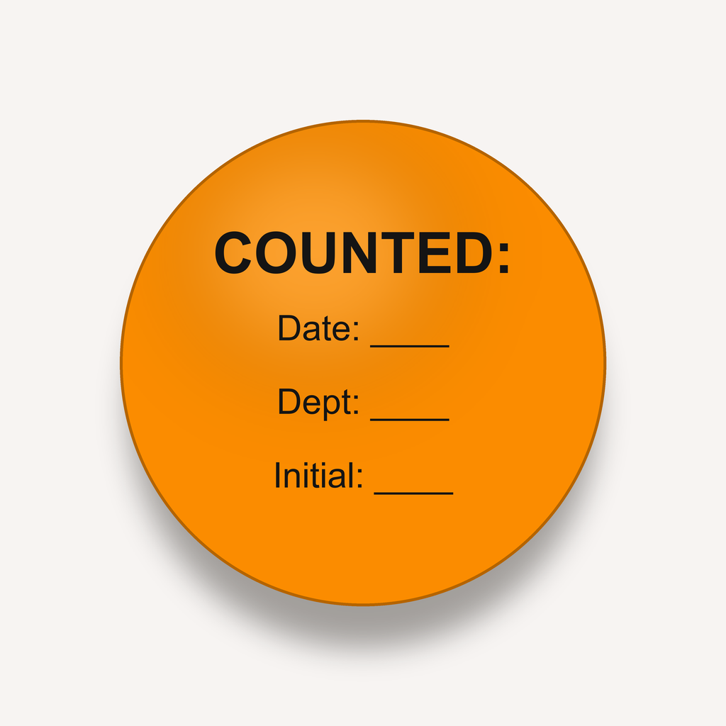 COUNTED inventory count dot label, 3 inch, Orange, Date / Dept / Initial imprint, 500 per roll