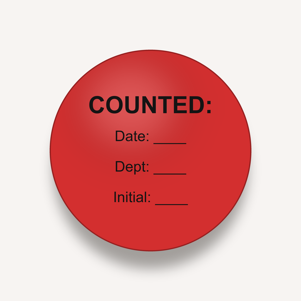 COUNTED inventory count dot label, 3 inch, Red, Date / Dept / Initial imprint, 500 per roll