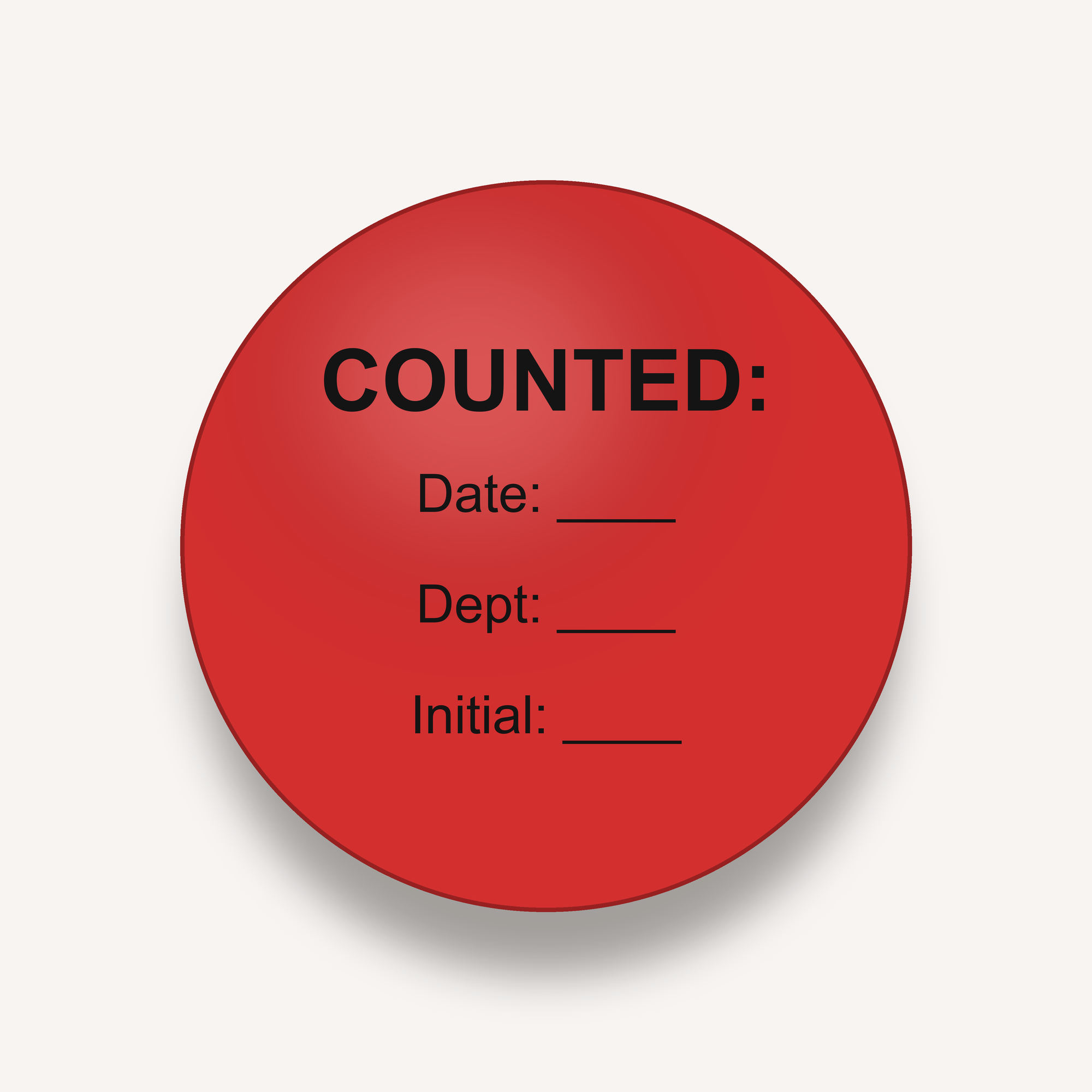 COUNTED inventory count dot label, 3 inch, Red, Date / Dept / Initial imprint, 500 per roll