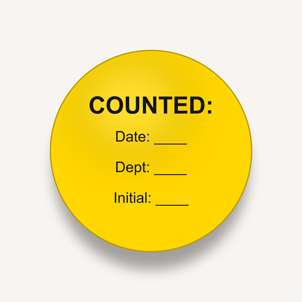 COUNTED inventory count dot label, 3 inch, Yellow, Date / Dept / Initial imprint, 500 per roll