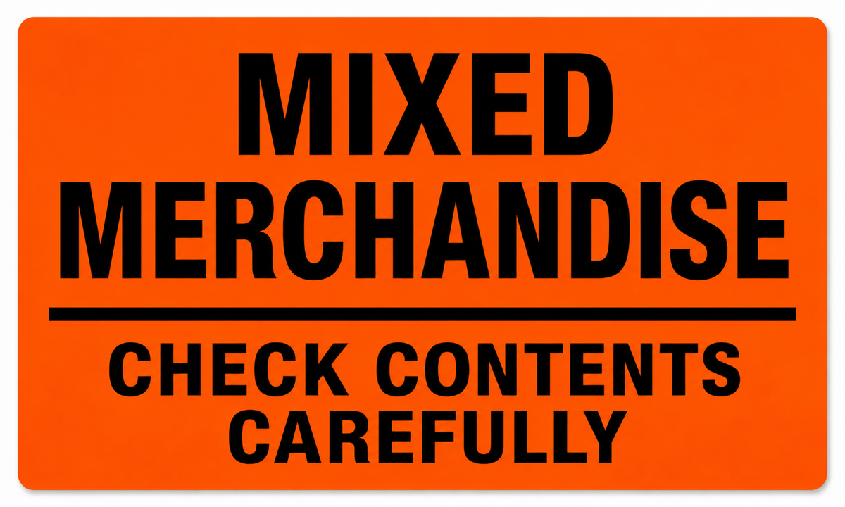 Fluorescent red 3 x 5 inch Mixed Merchandise Check Contents Carefully label