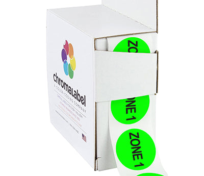 An easy dispense box containing stickers with Zone 1 printed on them
